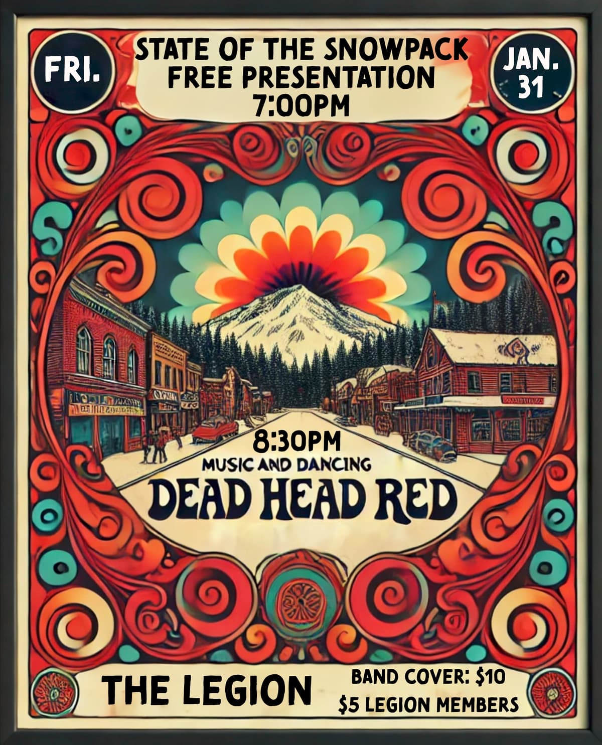State of the Snowpack Presentation on Friday, January 31, at the Rossland Legion Hall (free) at 7:00 p.m., followed by live music and dancing from Deadhead Red ($10 cover).