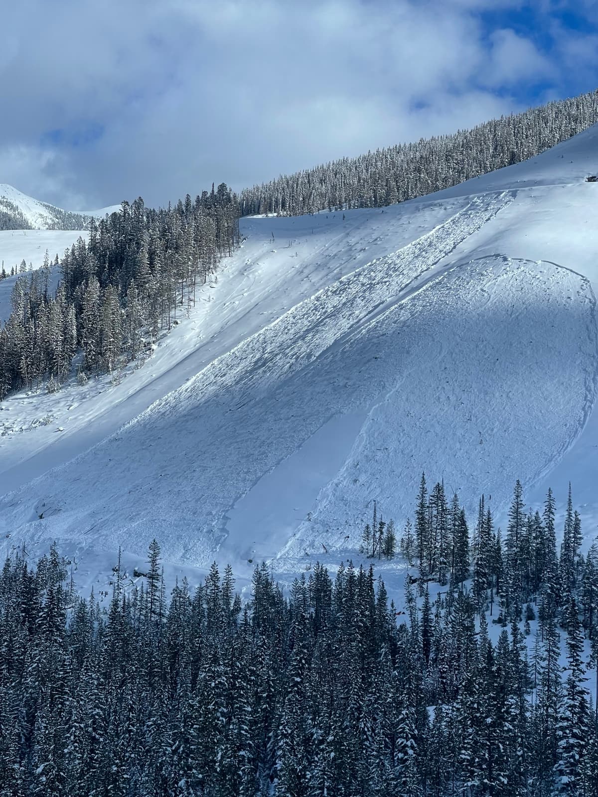 Snowmobile and timber sled were on road in bottom of image.