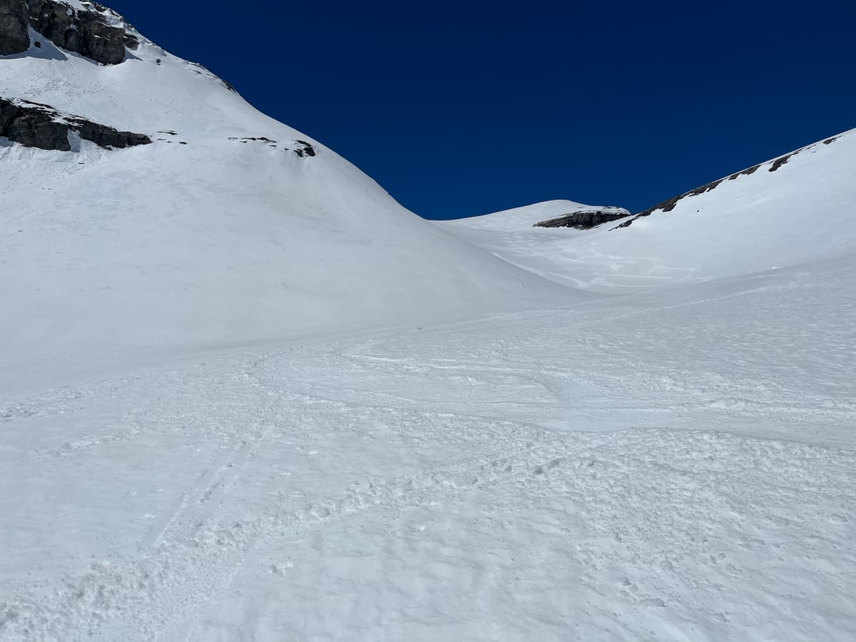 Incredible corn skiing from the peak down to the bottom of the hanging valley