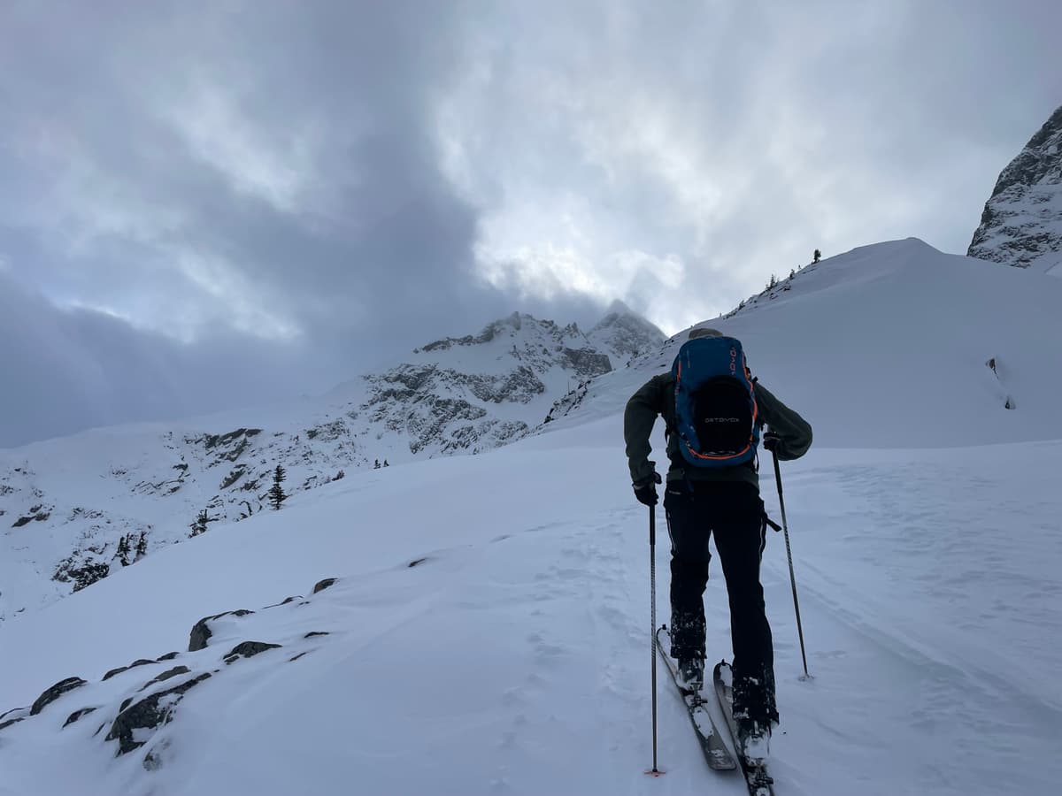 Looking up towards a windy Mt. Matier.