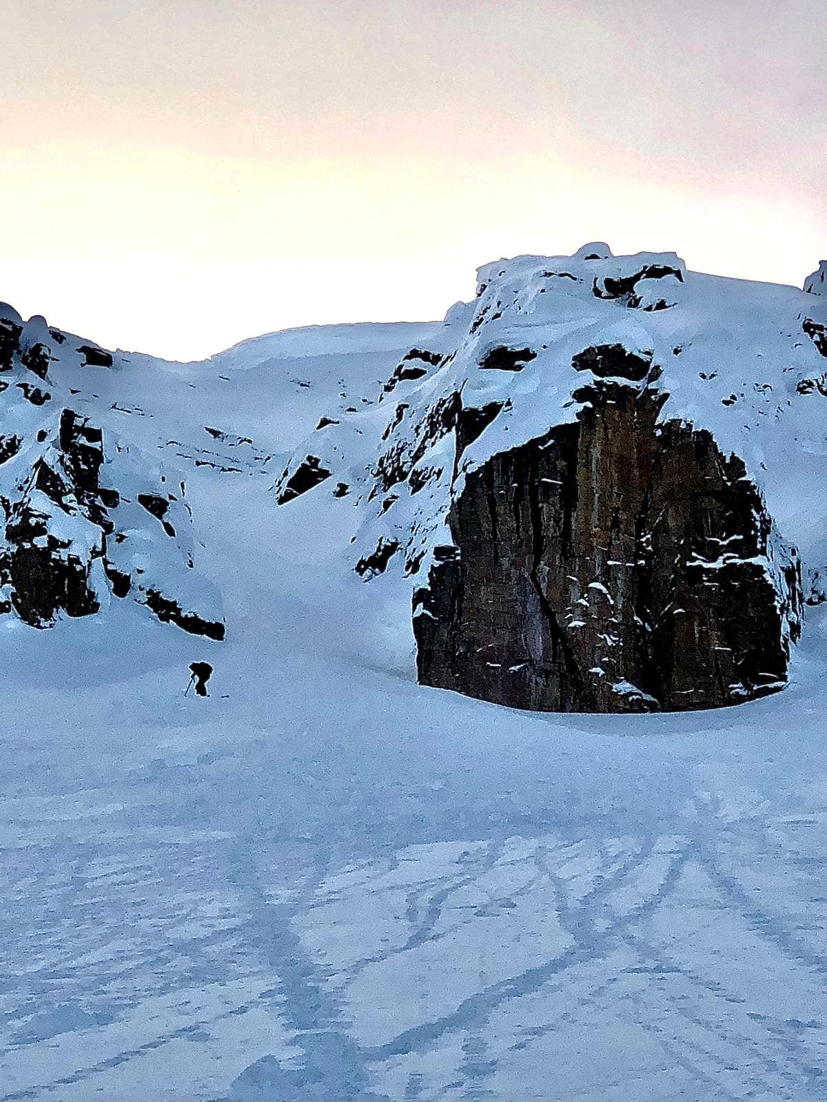 Third skier was working their way into the line (lookers left). Ridge top storm slab was reactive and as a small slab kicked off causing a surprise cornice failure behind the skier. This triggered the rest of slopes storm to go at a less than ideal spot. 100m tomahawk/ride to the fan, half buried.
Lost a ski