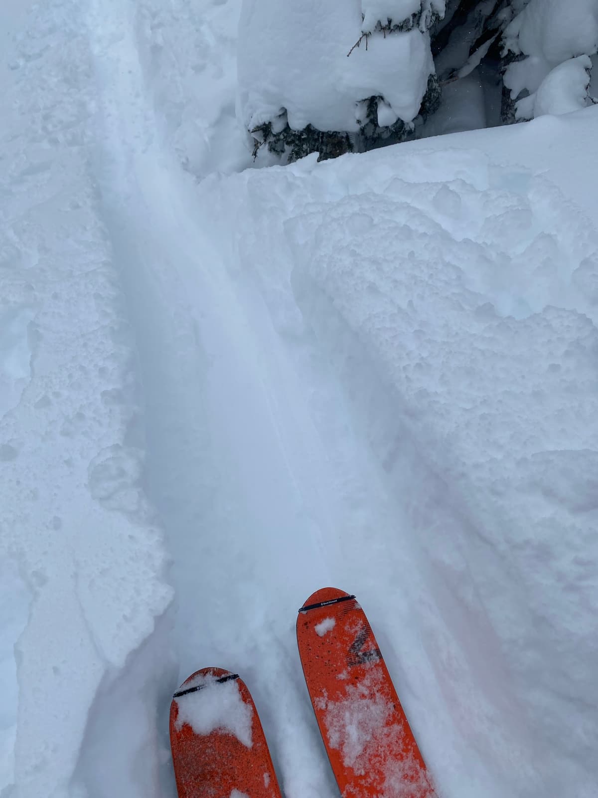 ski track penetrated to dense layer 32 cm under soft damp power