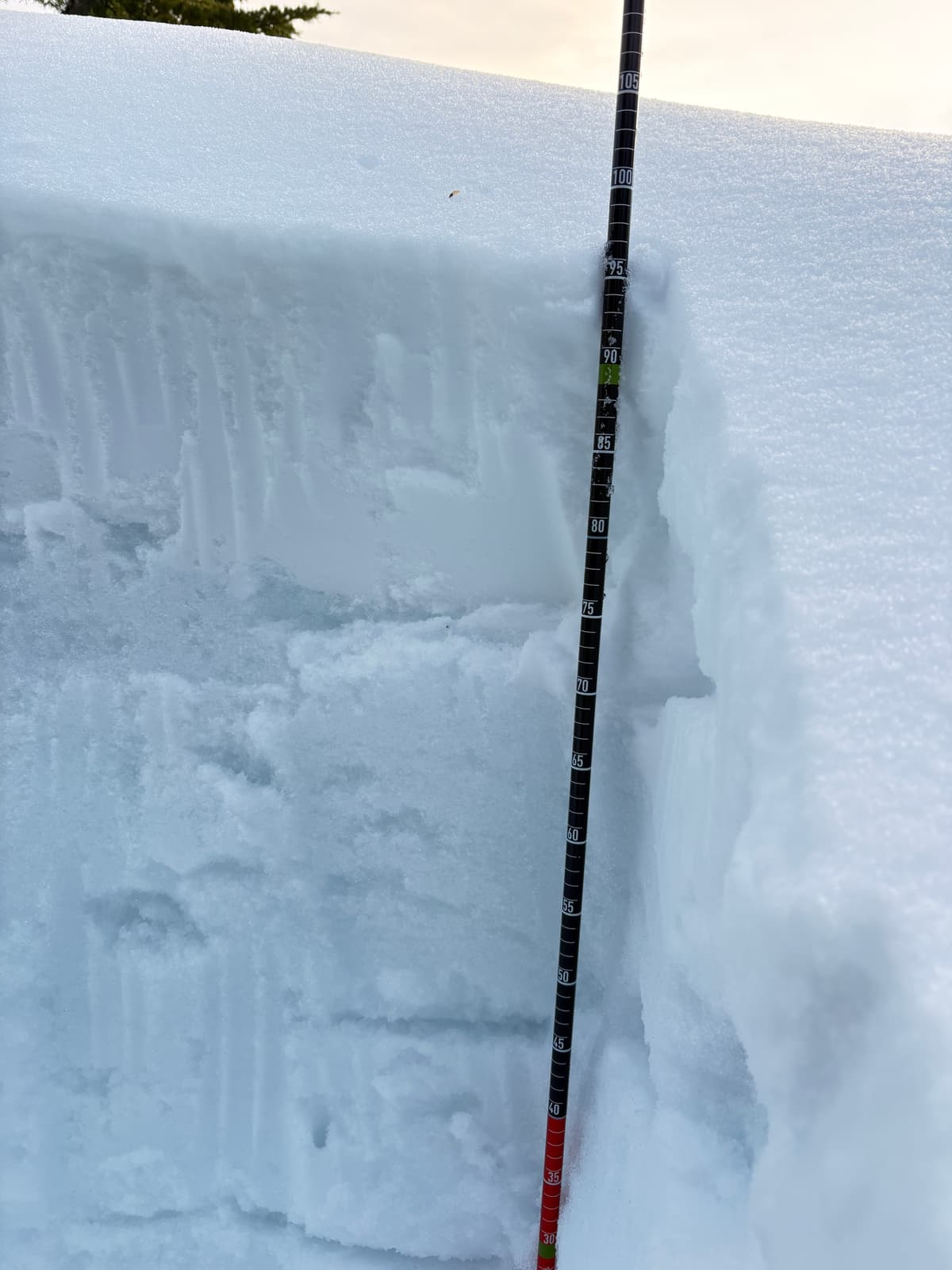 Total snow depth ~105 cm. Hard melt freeze crust at 55–80 cm from previous warm event. Softer snow below crust. No deeper reactivity noted.