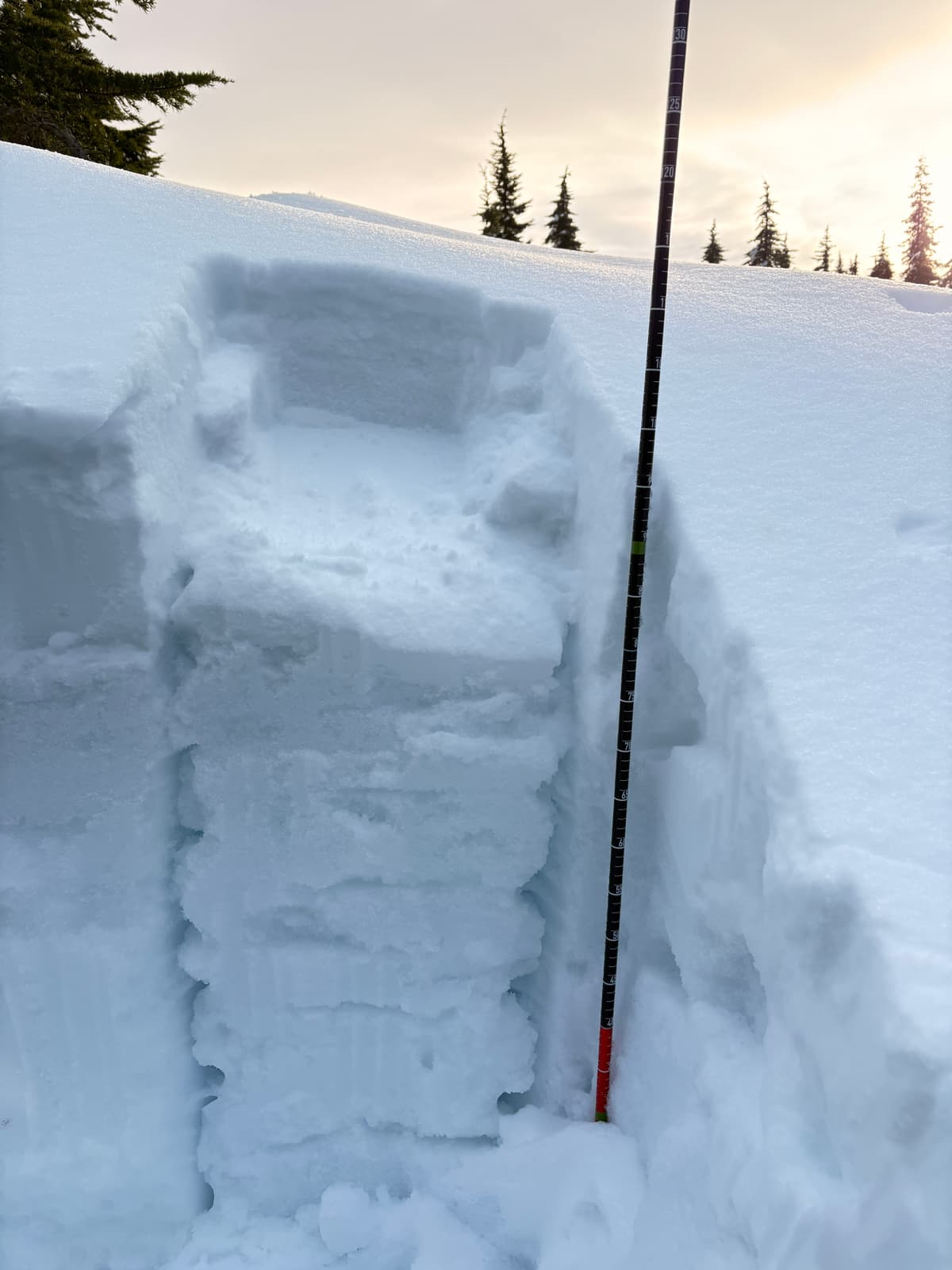 Top 10–20 cm recent storm snow sheared easily with light wrist taps. Failure at ~20 cm with crumbling fracture, no propagation.