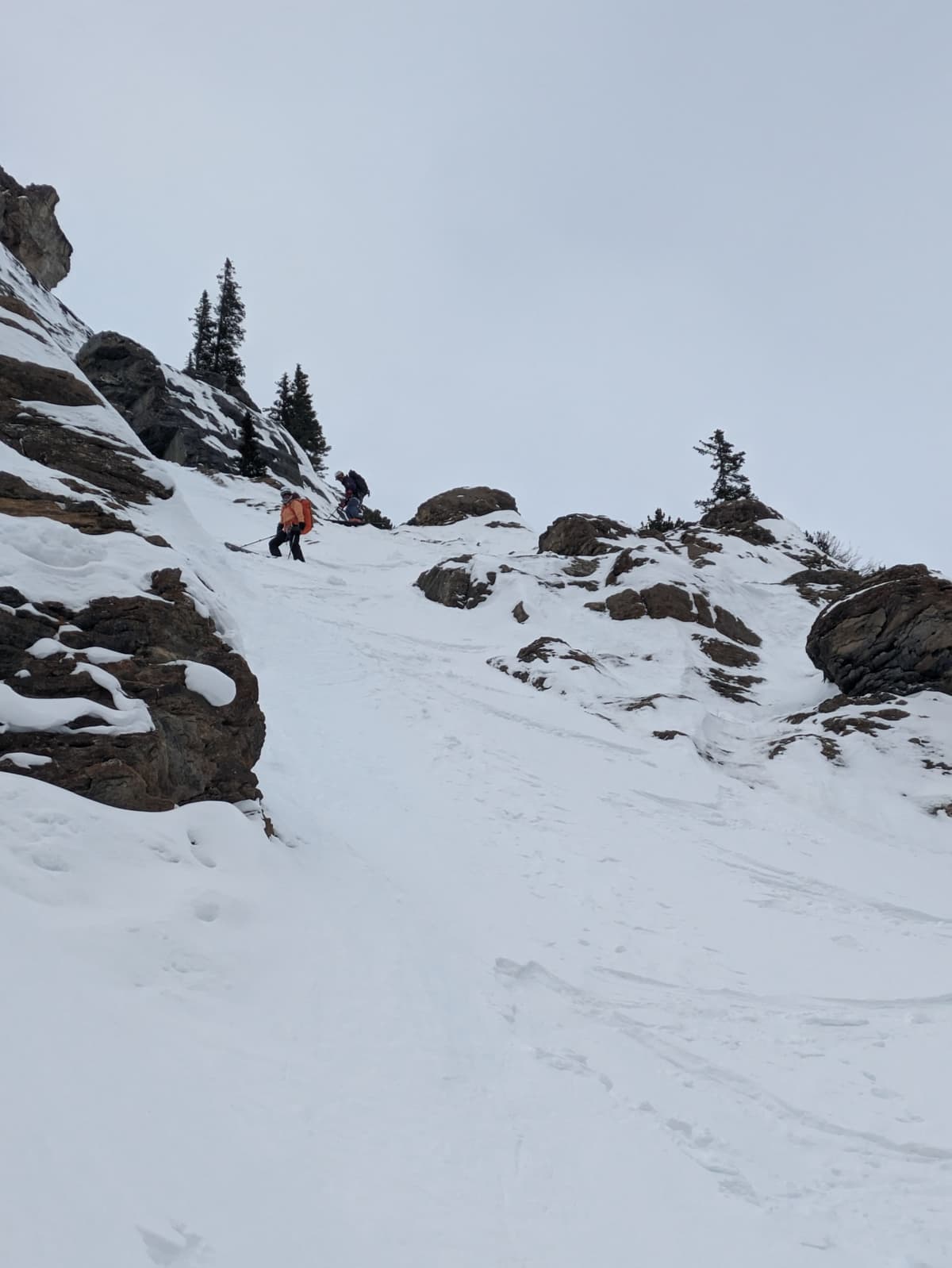 Skiing down our route around the waterfall.