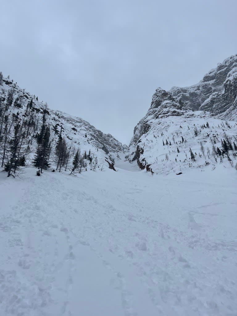 Kindergarten Couloir from near the top of apron overhanging cornice on climbers left near top