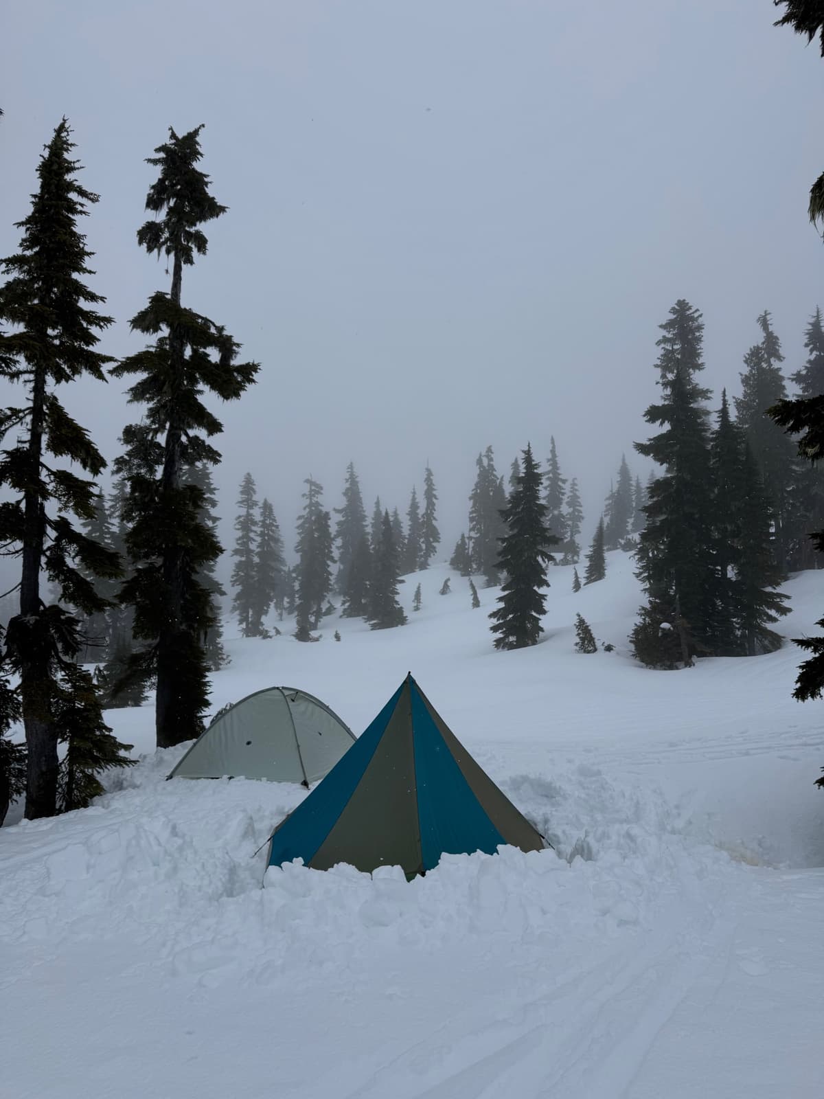 Camping across a spectrum of fog, freezing rain, wet snow, and some sun too.